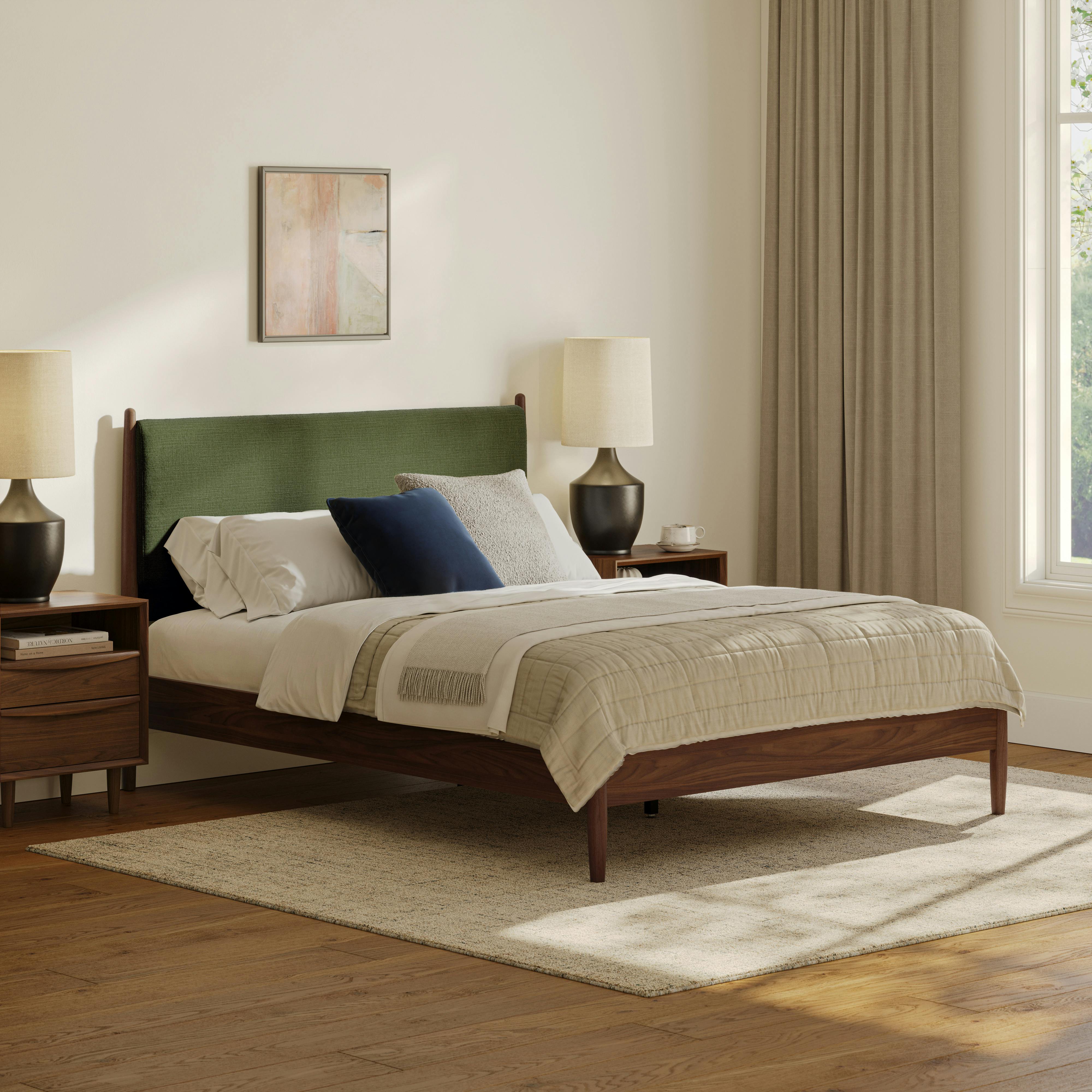 Lenia Walnut and Flou Moss Queen Upholstered Panel Bed | Article