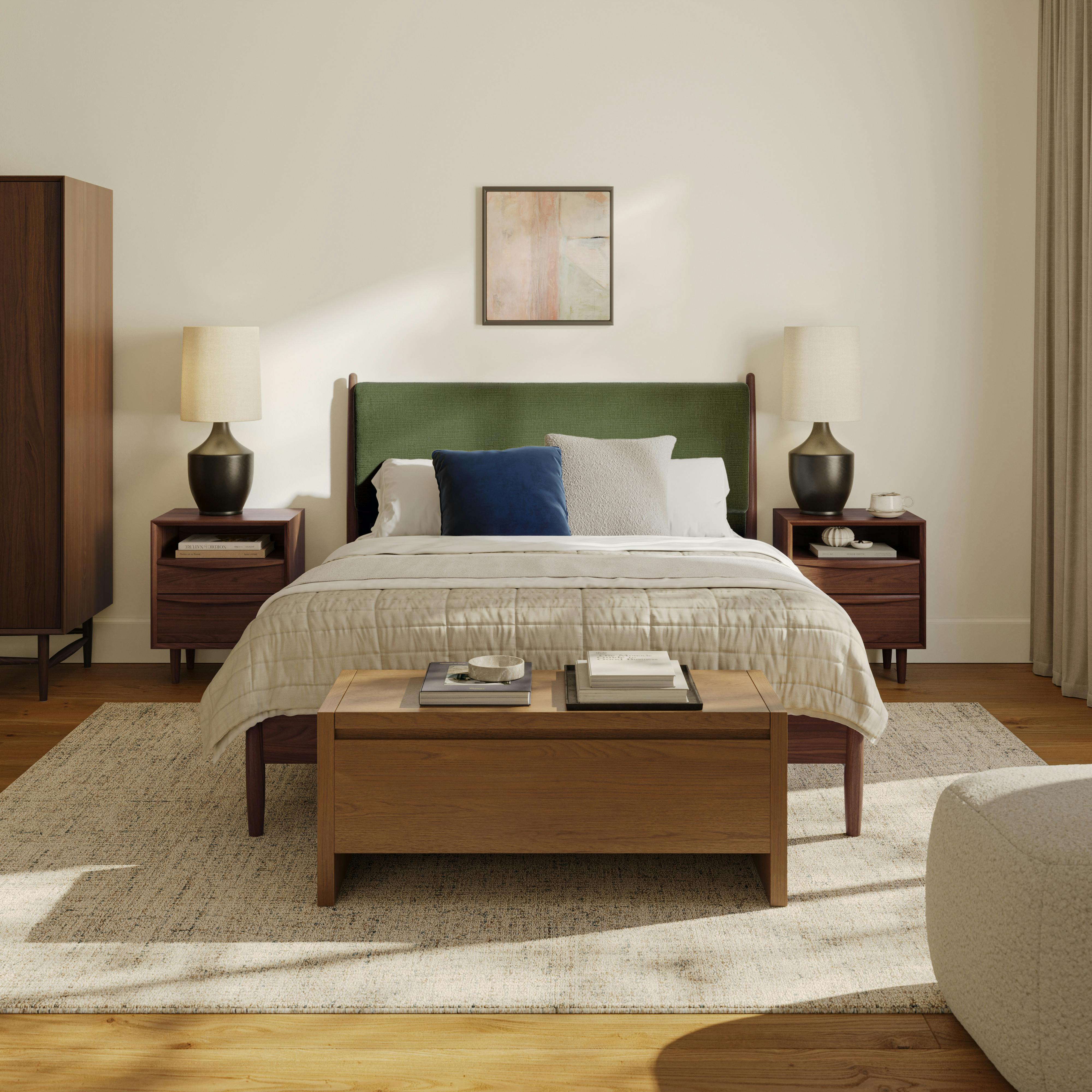 Lenia Walnut and Flou Moss Queen Upholstered Panel Bed | Article