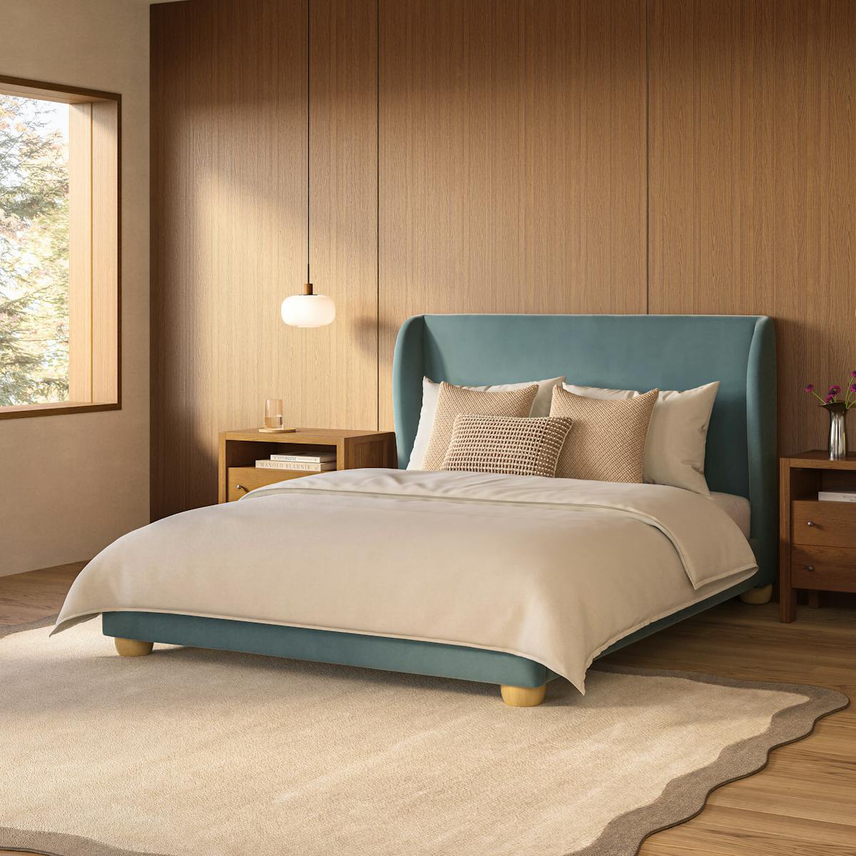 Miila queen velvet bed in hale chambray with white oak legs