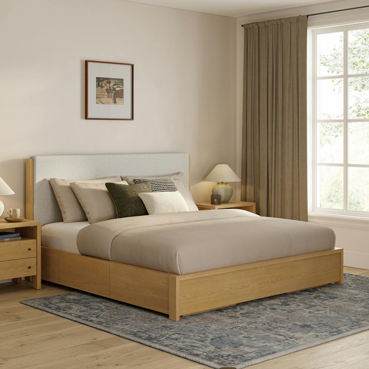 Cassie King Ivory Chenille & Natural Oak Storage Bed | Article