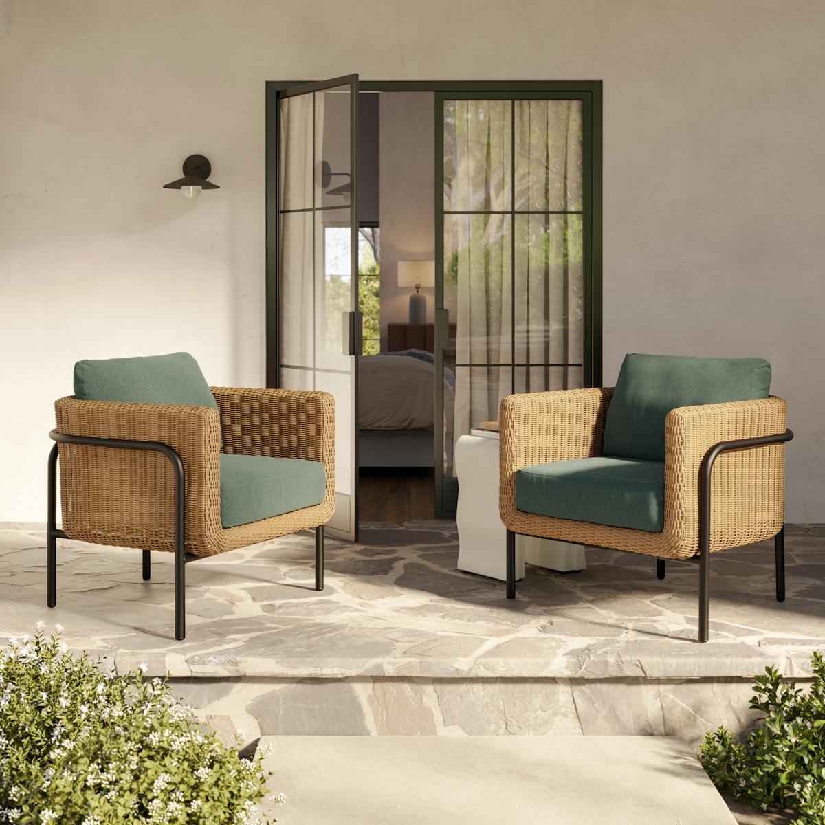 Pair of Article Aby outdoor lounge chairs in dravite green