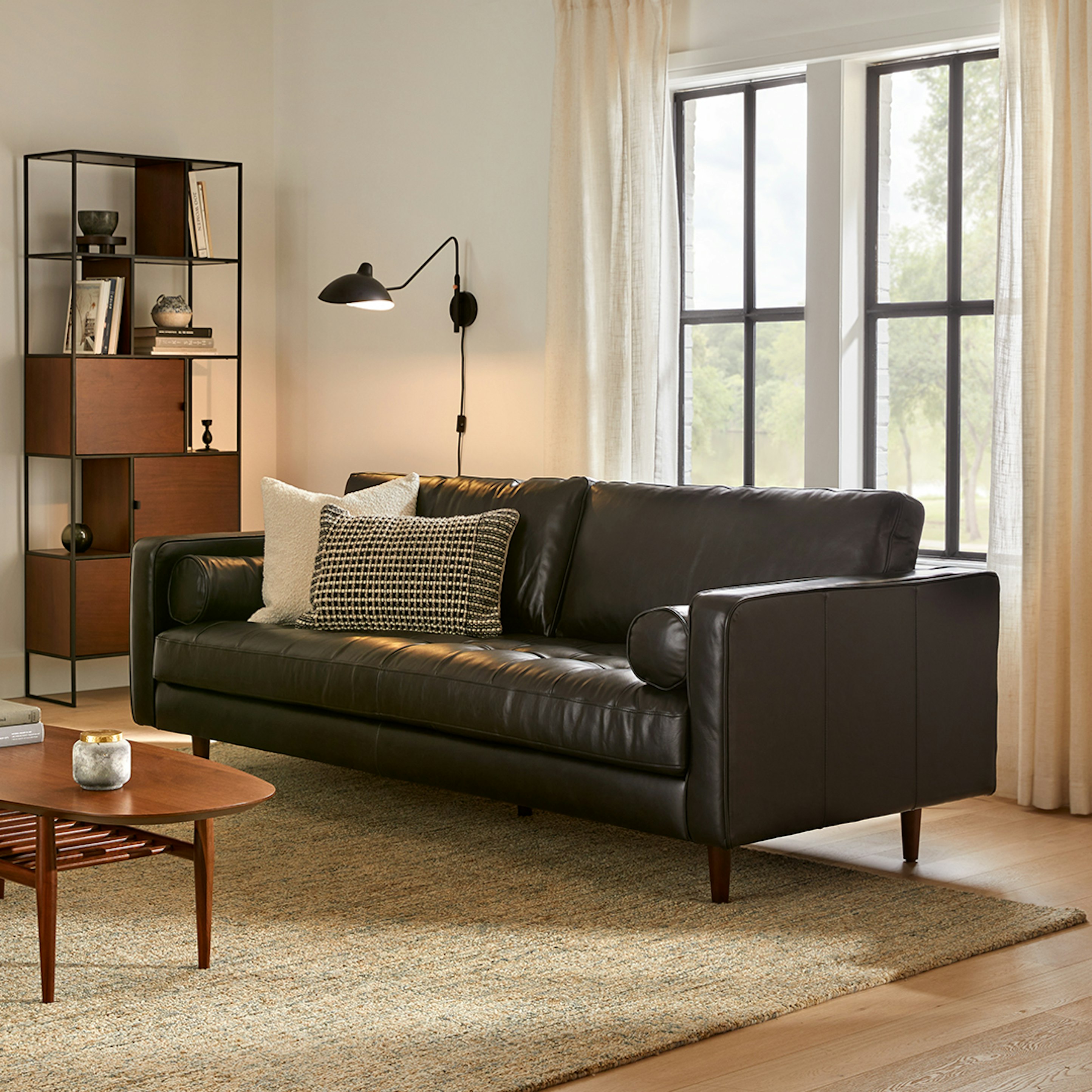 Sven Walnut & Oxford Black Leather 3 Seater Sofa | Article