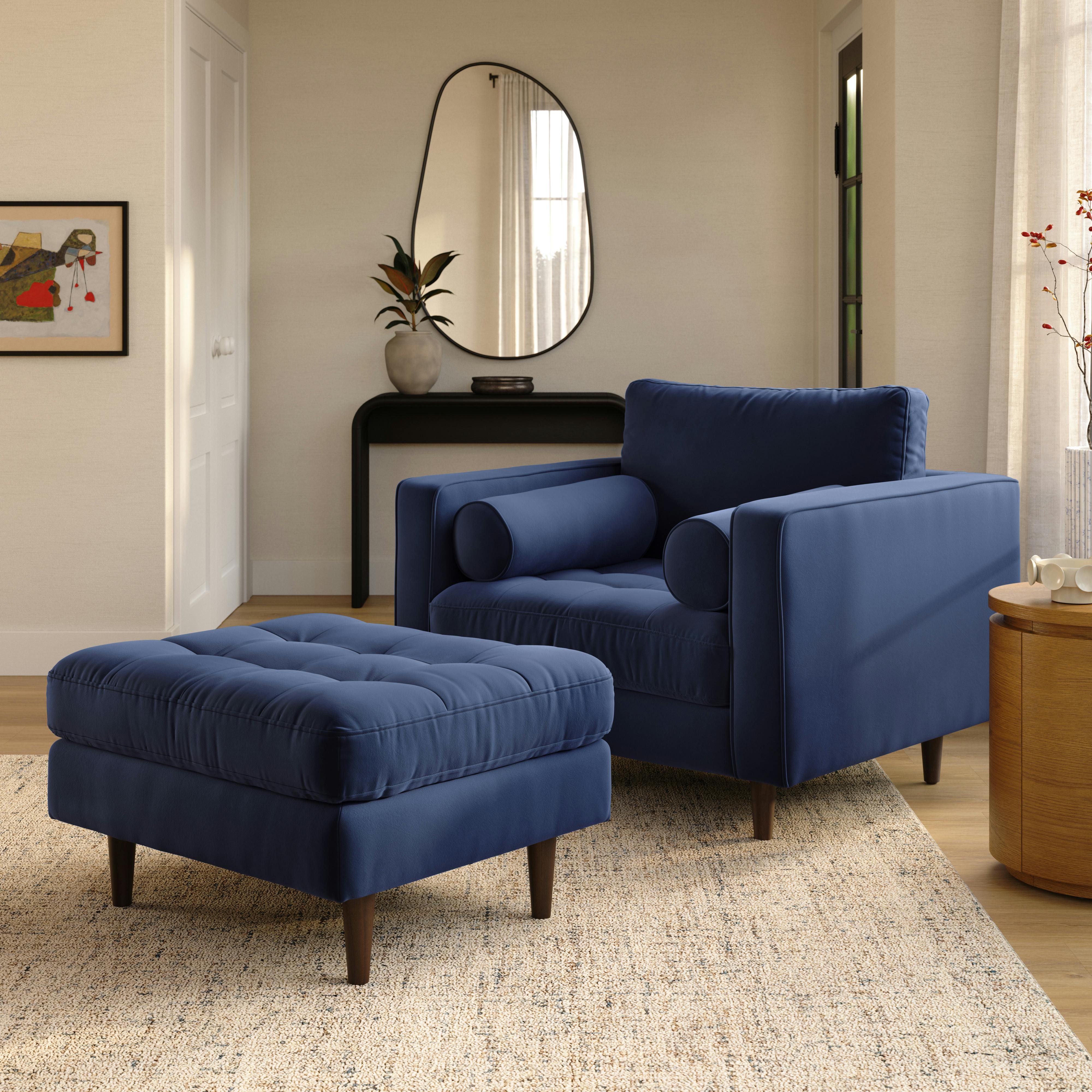 Sven Plush Cascadia Blue Tufted Velvet Lounge Chair and Ottoman