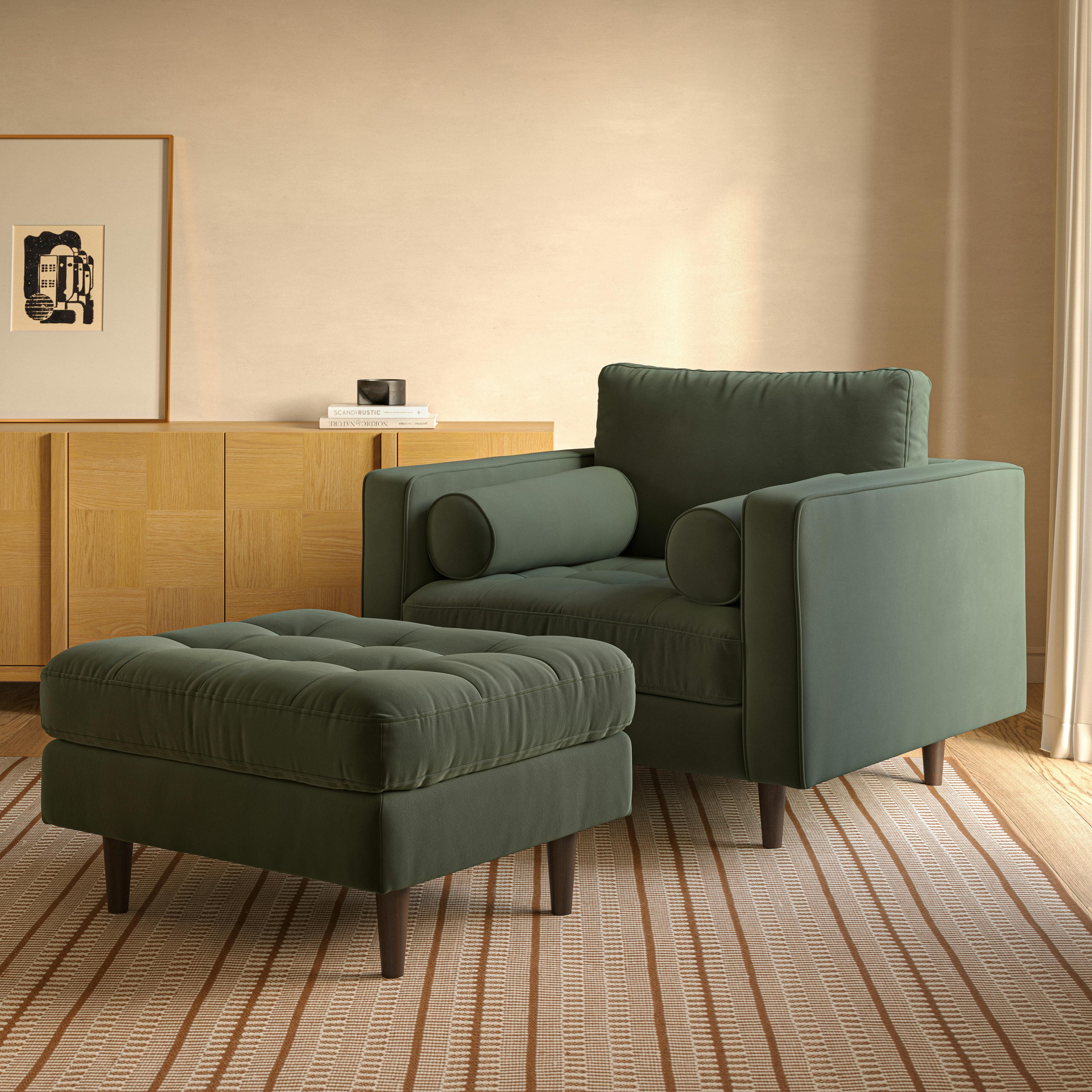 Sven Plush Pacific Green Tufted Velvet Lounge Chair and Ottoman