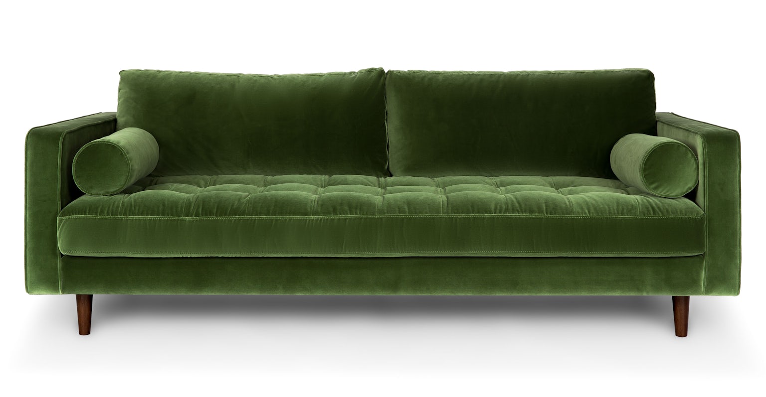 Sven Walnut & Grass Green Velvet 3 Seater Sofa | Article