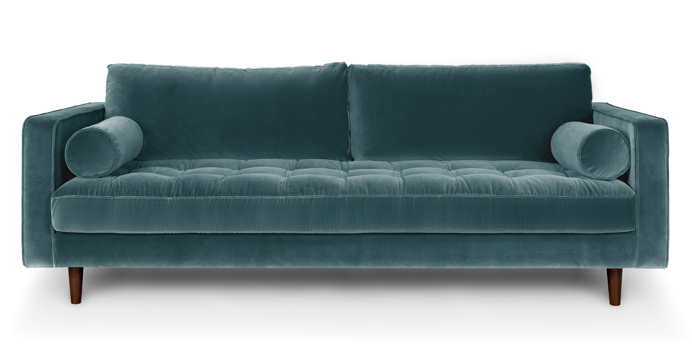 Sven Walnut Pacific Blue Velvet 3 Seater Sofa Article