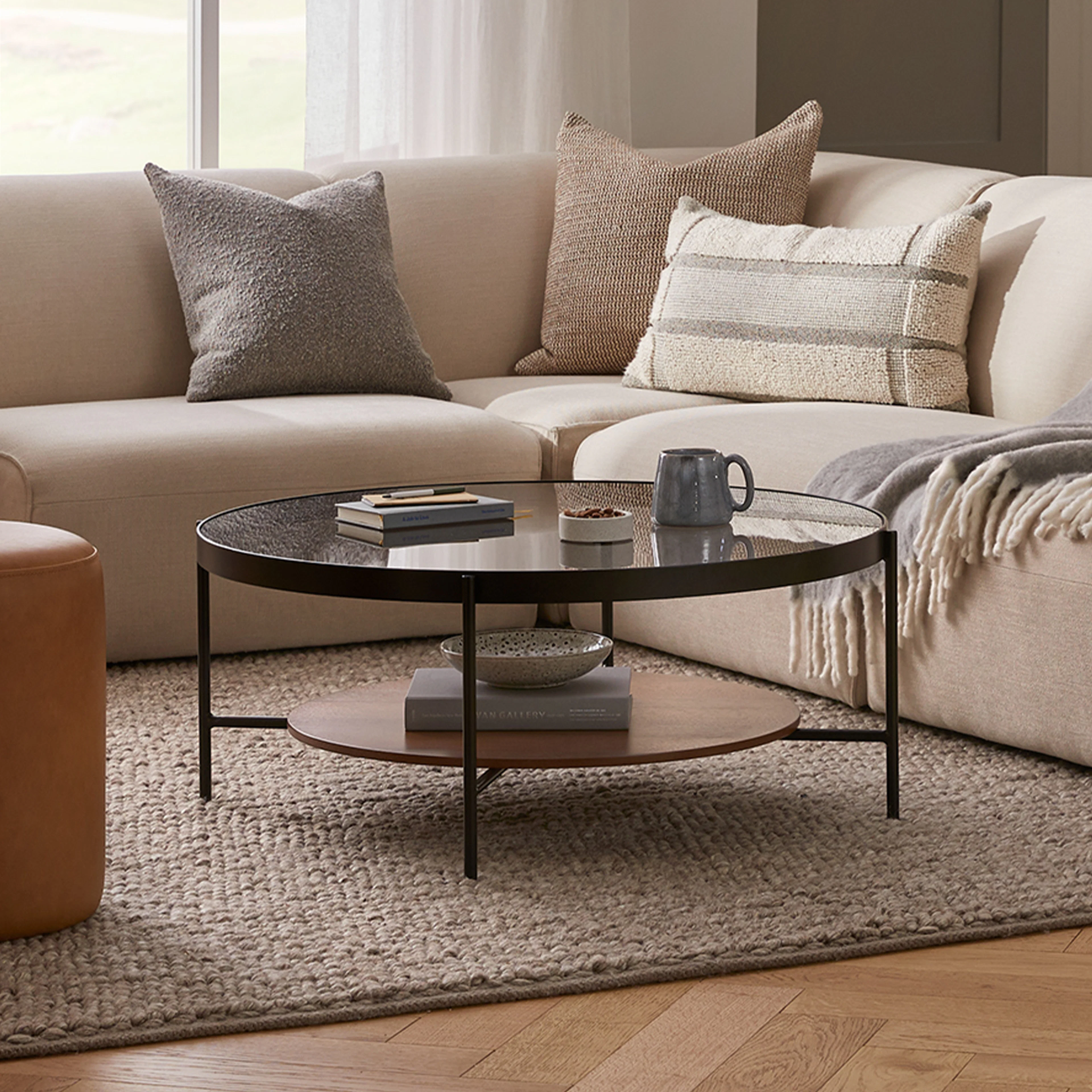 Vitri 36.5" Glass Coffee Table - Walnut