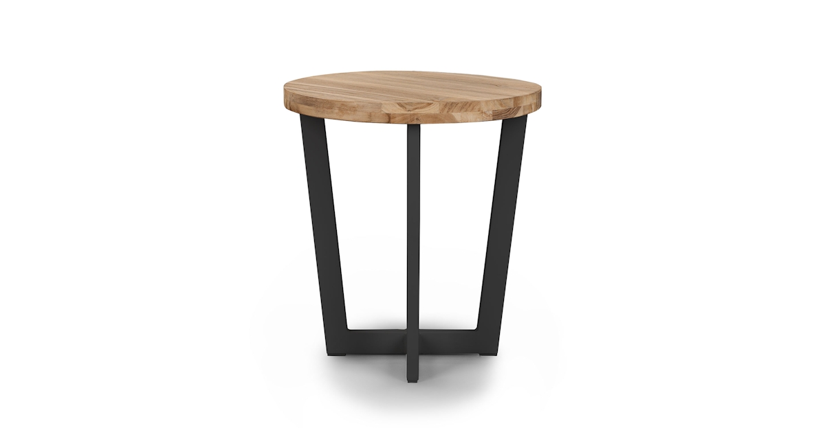 Round Black Aluminum & Vintage Brown Teak Wood Outdoor Side Table