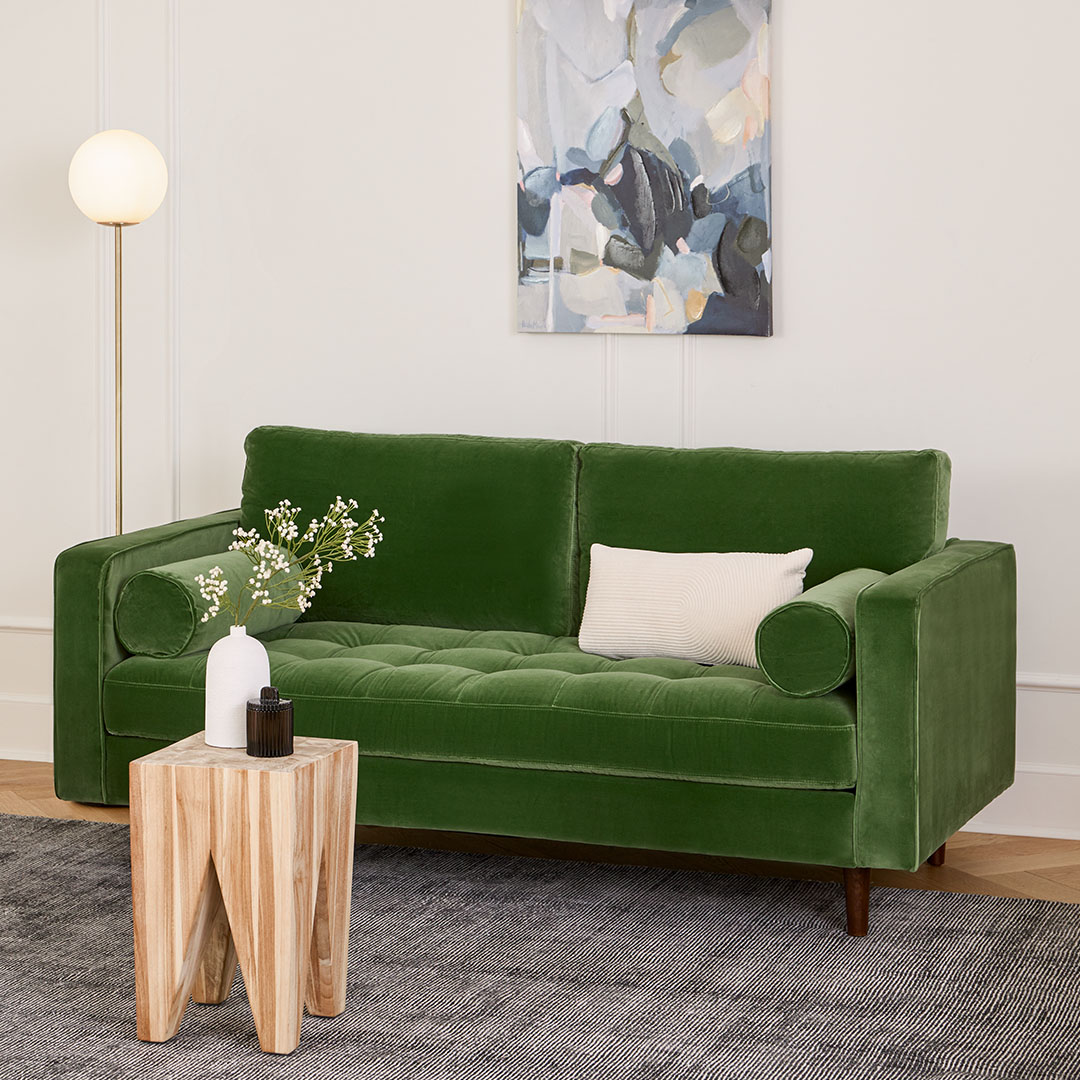 Sven Walnut & Grass Green Velvet 2.5 Seater Sofa | Article