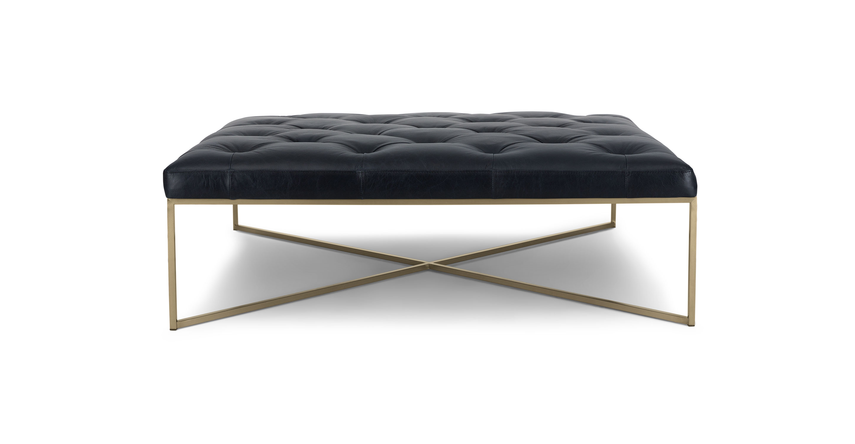 evening Sagging Shredded Square Brushed Brass & Charme Black Leather Ottoman | Article